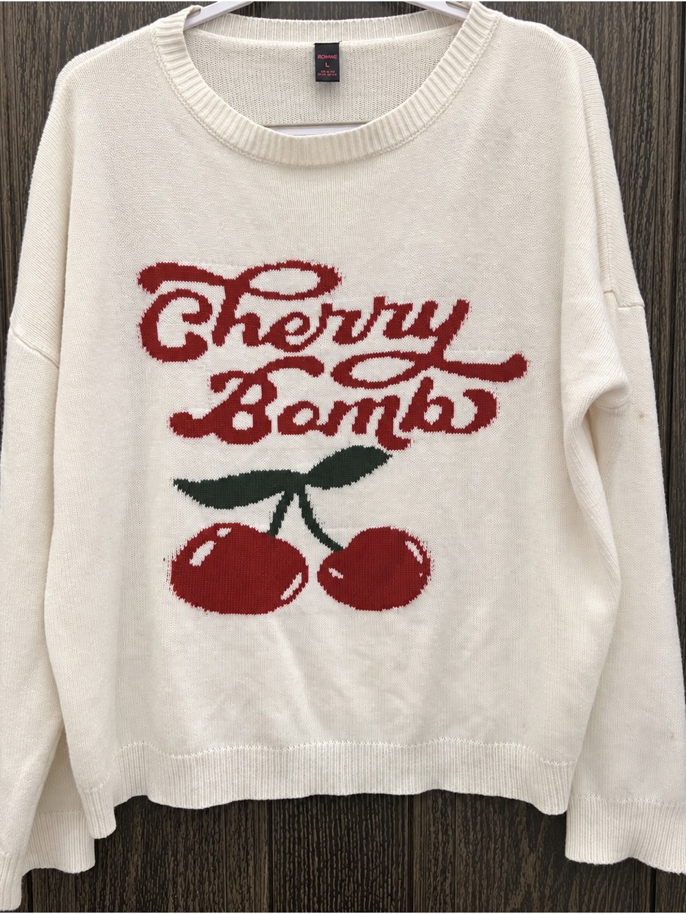 ROMWE Cream Crewneck Sweater with Red Cherry Graphic